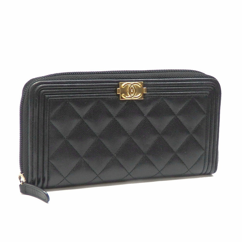 Chanel Round Fastener Long Wallet Boy Ladies Black Caviar Skin A80288 Coco Mark Leather