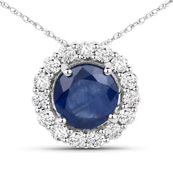 1.21 Carat Genuine Blue Sapphire and White Diamond 14K White Gold Pendant