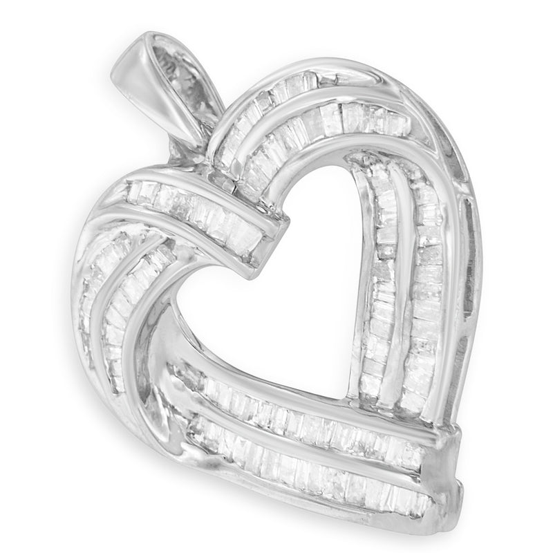 Sterling Silver 7/8 cttw Baguette Diamond Heart Pendant Necklace (I-J, I2-I3)