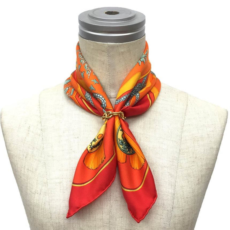 HERMES Hermes Carre 45 42 Petit Scarf Muffler TSUBAS Tsuba Dragon Deer Bird Orange x Red 100% Silk