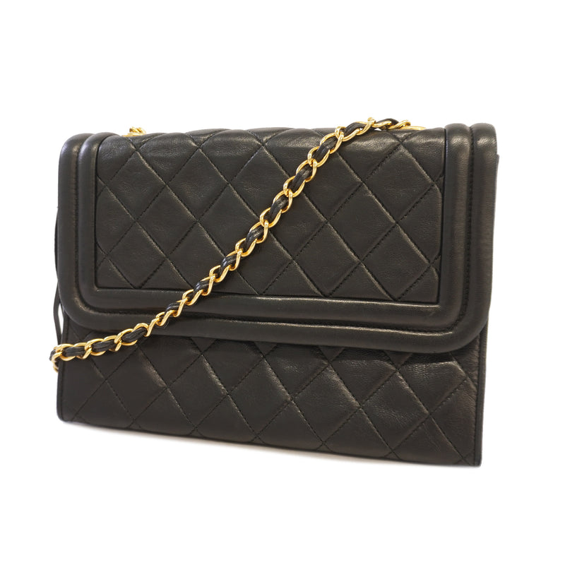 Auth Chanel Shoulder Bag Matrasse Fringe Chain Shoulder Lambskin Black Gold Metal