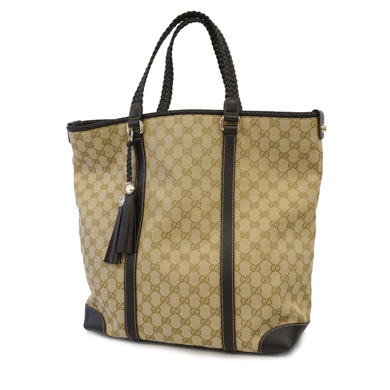 Auth Gucci GG Canvas Fringe Tote 336660 Womens GG CanvasLeather Tote Bag BeigeBrown