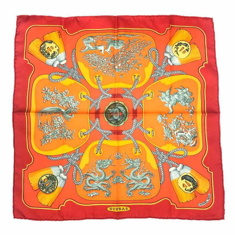 HERMES Hermes Carre 45 42 Petit Scarf Muffler TSUBAS Tsuba Dragon Deer Bird Orange x Red 100% Silk