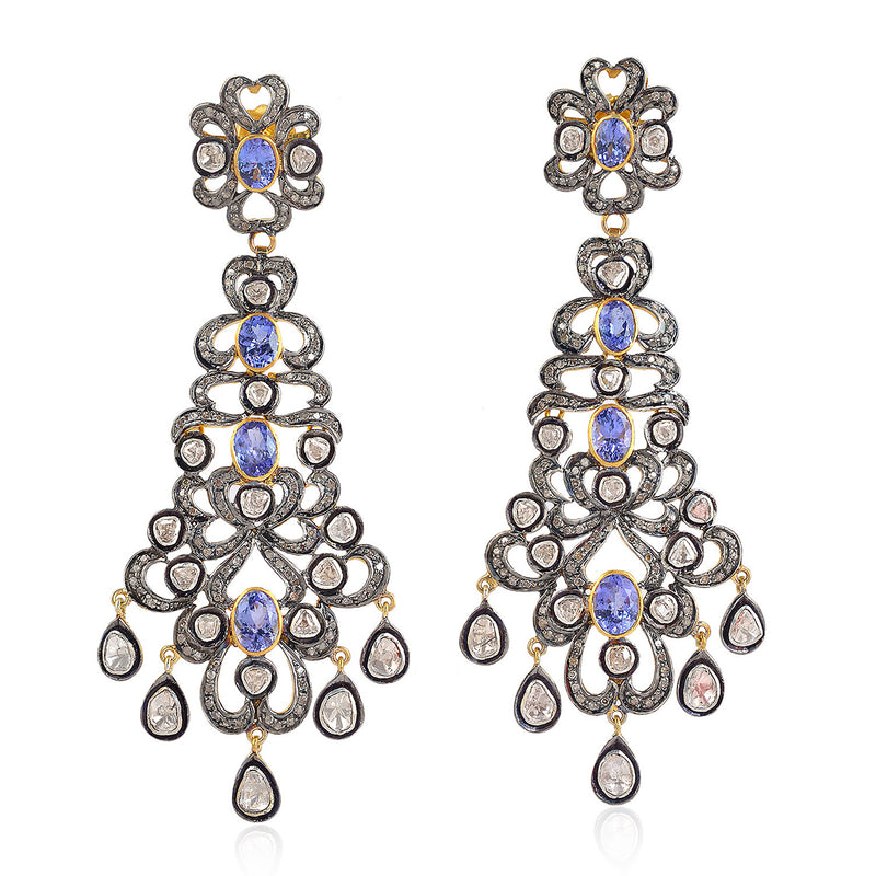 Tanzanite & Diamond Dangle Earrings 14k Gold 925 Silver Women Jewelry