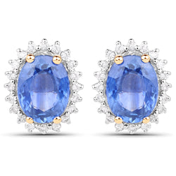 3.25 Carat Genuine Blue Sapphire and White Diamond 14K Yellow Gold Earrings