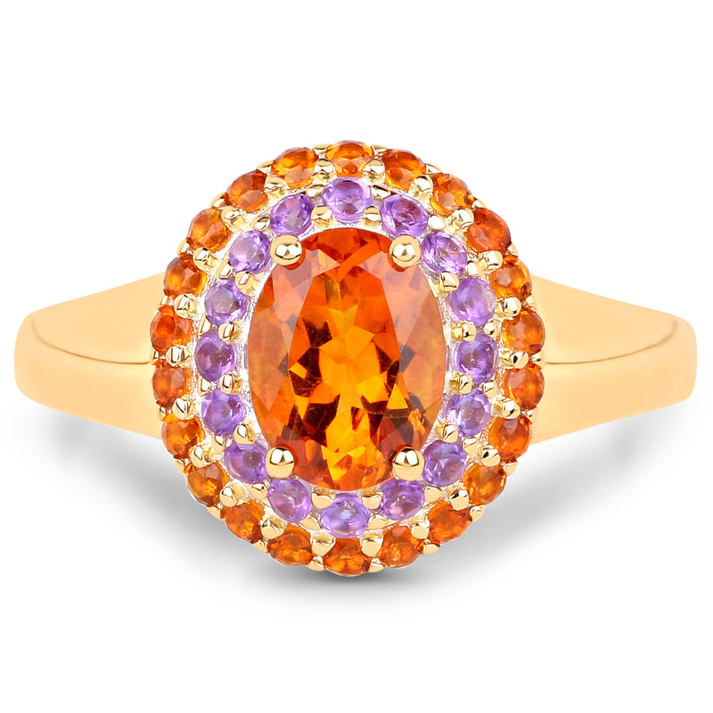 14K Yellow Gold Plated 1.70 Carat Genuine Citrine and Amethyst .925 Sterling Silver Ring