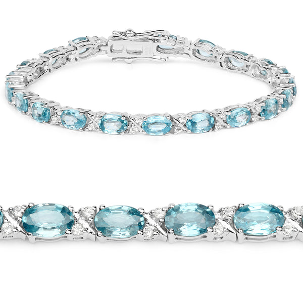 12.43 Carat Genuine Blue Zircon and White Topaz .925 Sterling Silver Bracelet