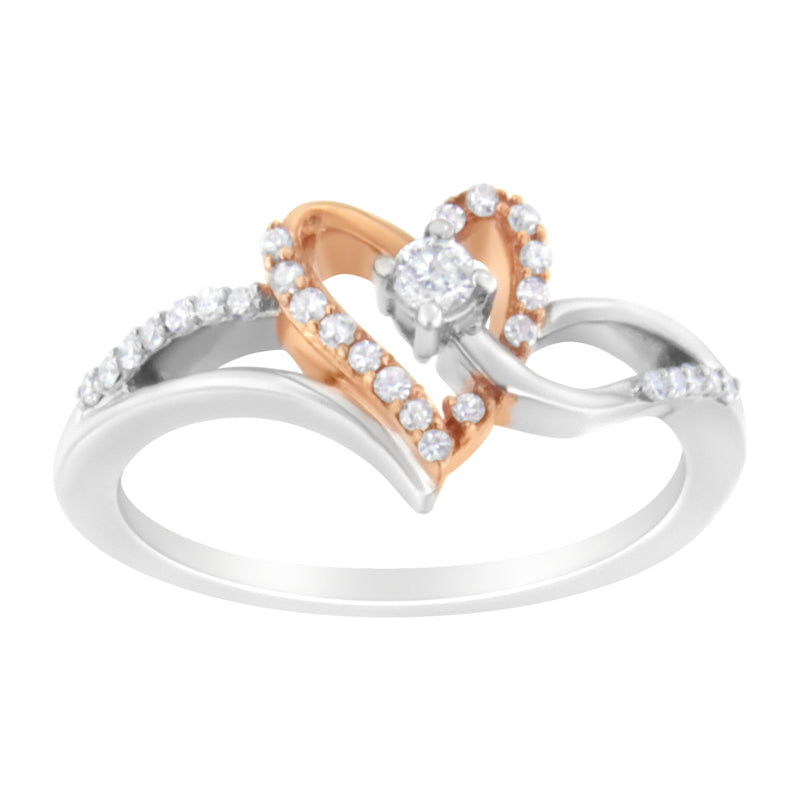 10K Rose Gold Plated .925 Sterling Silver 1/5 Cttw Diamond Two Tone Open Heart Promise or Fashion Ring (I-J Color, I2-I3 Clarity) - Size 8