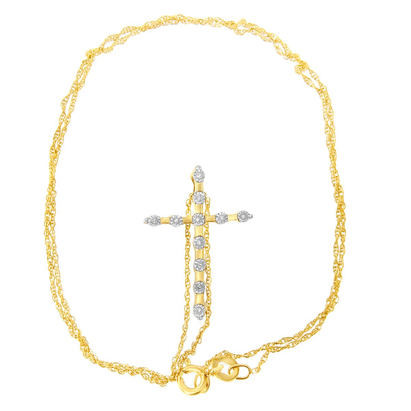 10K Yellow Gold Plated .925 Sterling Silver Miracle Set Diamond Accent Cross 18" Pendant Necklace (I-J Color, I3 Clarity)