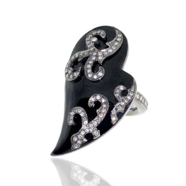 High Fashion Heart Ring 0.94 ct Pave Diamond 925 Sterling Silver Enamel Jewelry