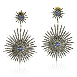 Pave Diamond & Kyanite Starburst Dangle Earrings 925 Silver 14k Gold Jewelry