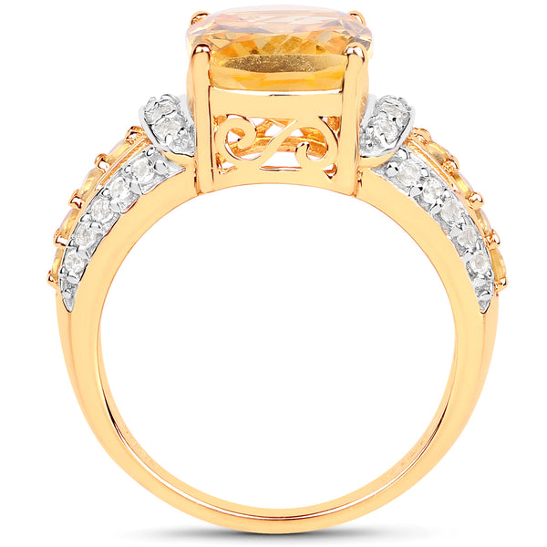 14K Yellow Gold Plated 4.35 Carat Genuine Citrine and White Topaz .925 Sterling Silver Ring