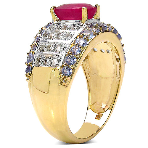 14K Yellow Gold Plated 3.02 Carat Genuine Ruby, Tanzanite & White Topaz .925 Sterling Silver Ring
