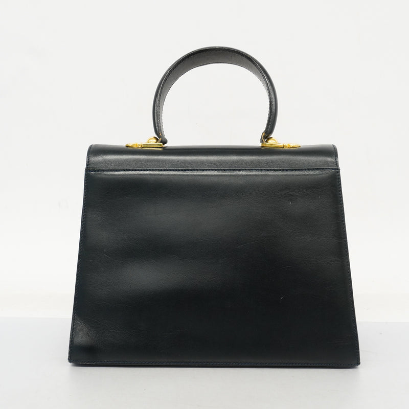 Auth Salvatore Ferragamo Handbag Gancio Leather Black Gold Metal