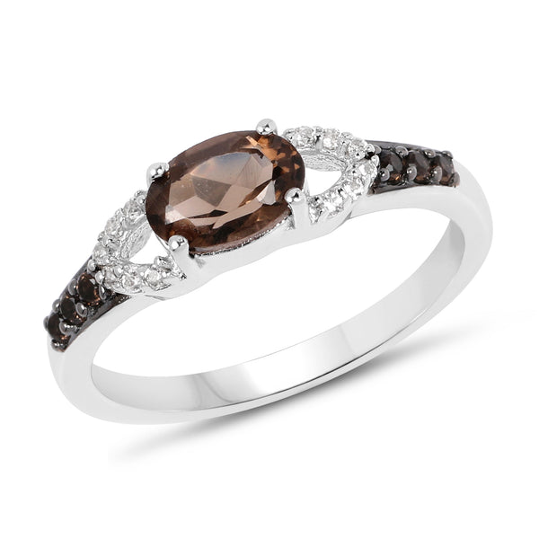 0.85 Carat Genuine Smoky Quartz and White Topaz .925 Sterling Silver Ring