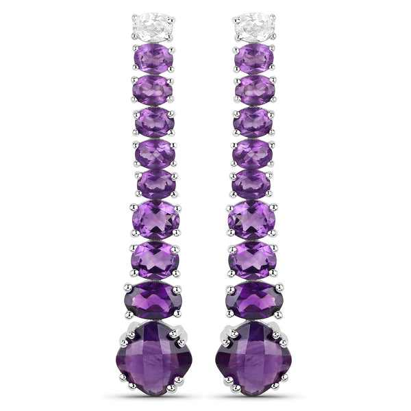 18K White Gold Plated 7.58 Carat Genuine Amethyst and White Topaz .925 Sterling Silver Earrings