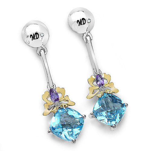 5.55 Carat Genuine Blue Topaz, Amethyst & White Diamond .925 Sterling Silver Earrings