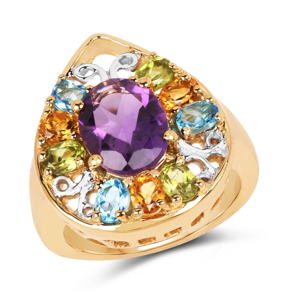 14K Yellow Gold Plated 3.79 Carat Genuine Multi Stone .925 Sterling Silver Ring