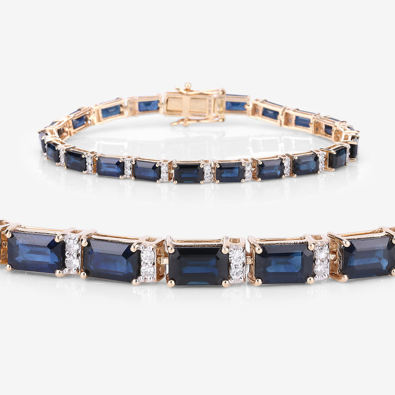 12.77 Carat Genuine Blue Sapphire and White Diamond 14K Yellow Gold Bracelet