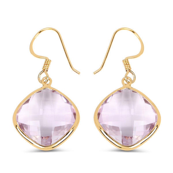 14K Yellow Gold Plated 26.50 Carat Genuine Pink Amethyst .925 Sterling Silver Earrings