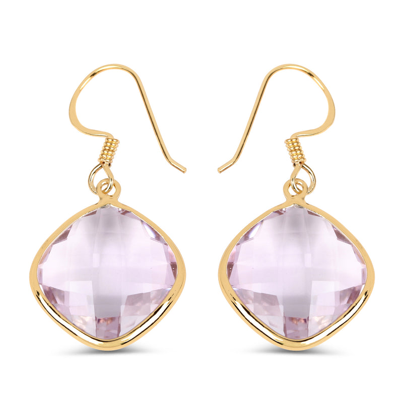 14K Yellow Gold Plated 26.50 Carat Genuine Pink Amethyst .925 Sterling Silver Earrings