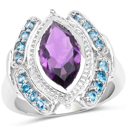 3.06 Carat Genuine Amethyst and London Blue Topaz .925 Sterling Silver Ring