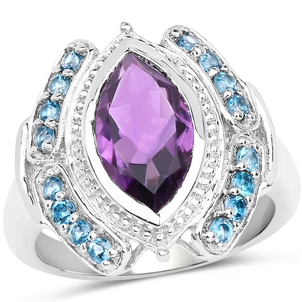 3.06 Carat Genuine Amethyst and London Blue Topaz .925 Sterling Silver Ring