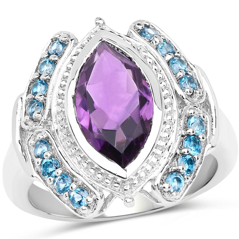 3.06 Carat Genuine Amethyst and London Blue Topaz .925 Sterling Silver Ring