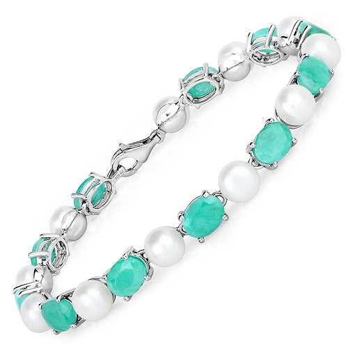 33.00 Carat Genuine Emerald and Pearl .925 Sterling Silver Bracelet