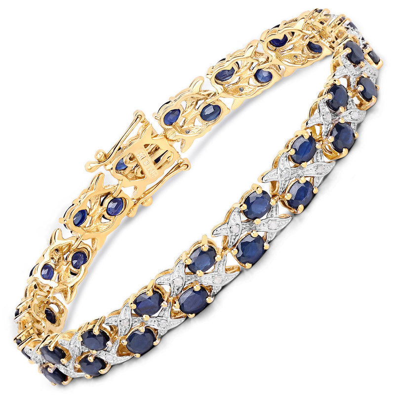 14K Yellow Gold Plated 12.53 Carat Genuine Blue Sapphire and White Diamond .925 Sterling Silver Bracelet