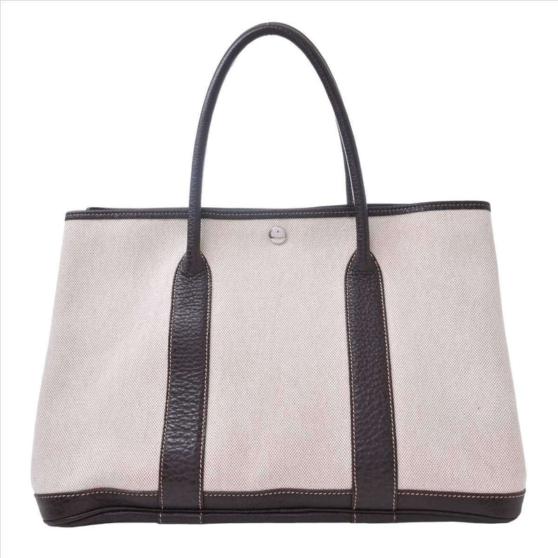 Hermes Garden Womens Toile HNegonda Leather Tote Bag BrownIvory