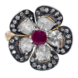 Diamond 14k Gold Sterling Silver Ruby Flower Style Cockail Ring Jewelry