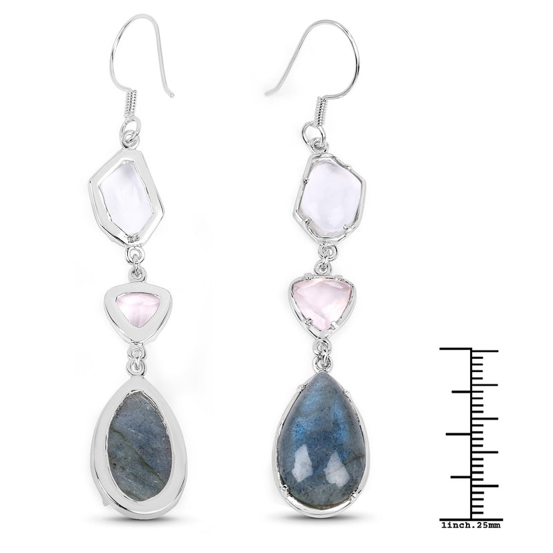 25.74 Carat Genuine Labradorite, Crystal Quartz and Rose Quartz .925 Sterling Silver Earrings