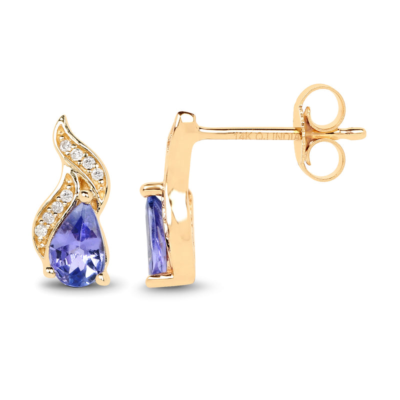 0.79 Carat Genuine Tanzanite and White Diamond 14K Yellow Gold Earrings