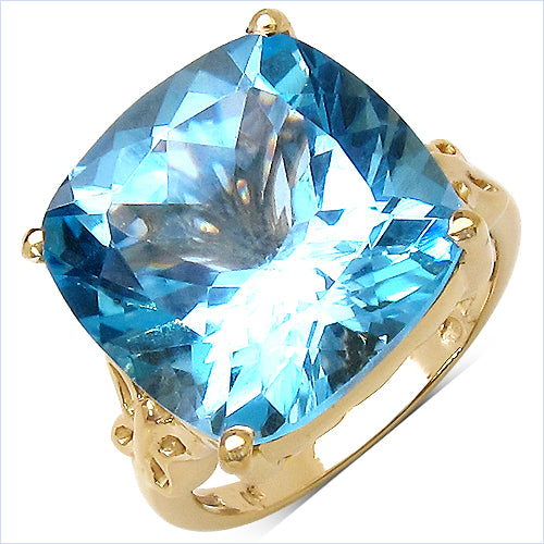 14K Yellow Gold Plated 11.94 Carat Genuine Blue Topaz & White Diamond .925 Sterling Silver Ring