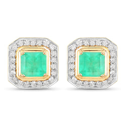 2.38 Carat Genuine Colombian Emerald and White Diamond 14K Yellow Gold Earrings