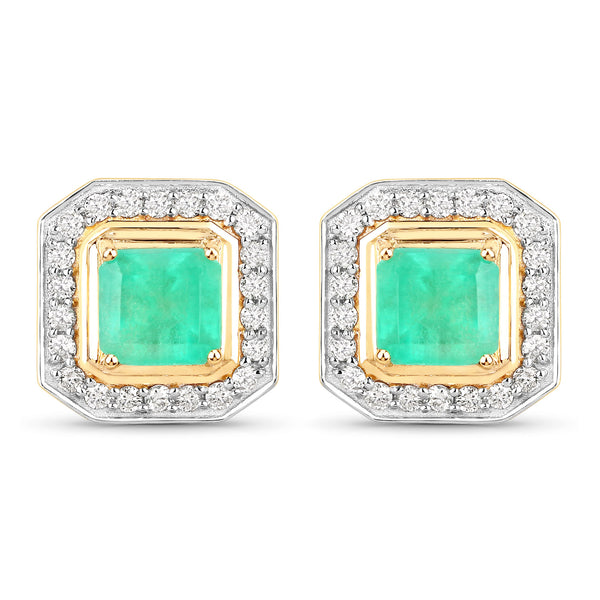 2.38 Carat Genuine Colombian Emerald and White Diamond 14K Yellow Gold Earrings