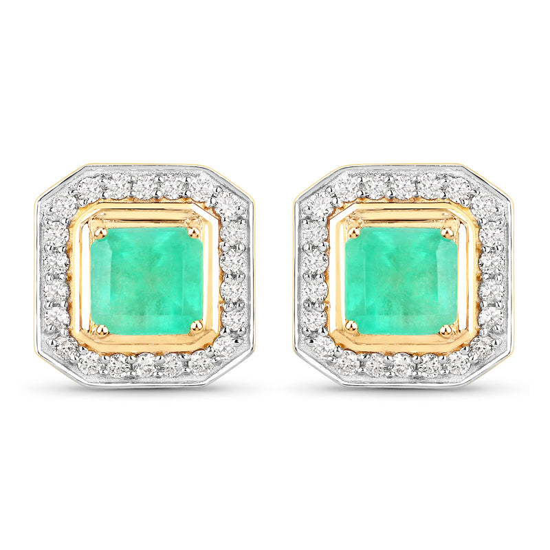 2.38 Carat Genuine Colombian Emerald and White Diamond 14K Yellow Gold Earrings