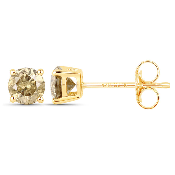 0.77 Carat Genuine Champagne Diamond 14K Yellow Gold Earrings (I1-I2)