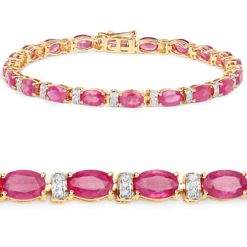 11.24 Carat Genuine Ruby and White Diamond 14K Yellow Gold Bracelet