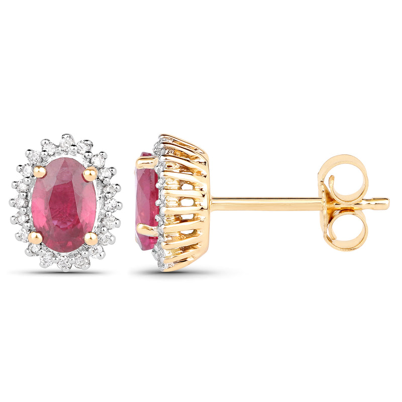 1.22 Carat Genuine Ruby and White Diamond 14K Yellow Gold Earrings