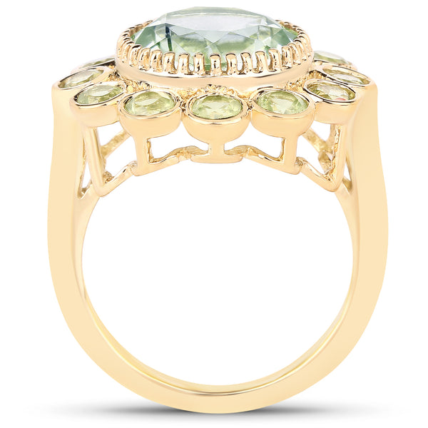 14K Yellow Gold Plated 5.90 Carat Genuine Green Amethyst and Peridot .925 Sterling Silver Ring