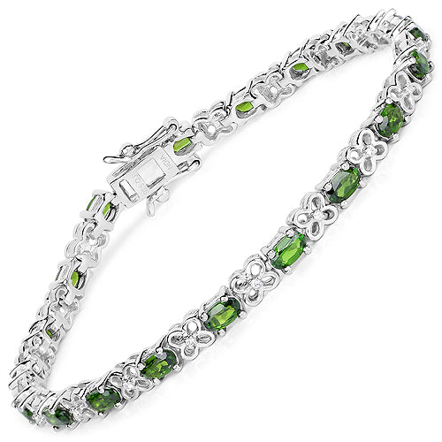 4.31 Carat Genuine Chrome Diopside and White Zircon .925 Sterling Silver Bracelet