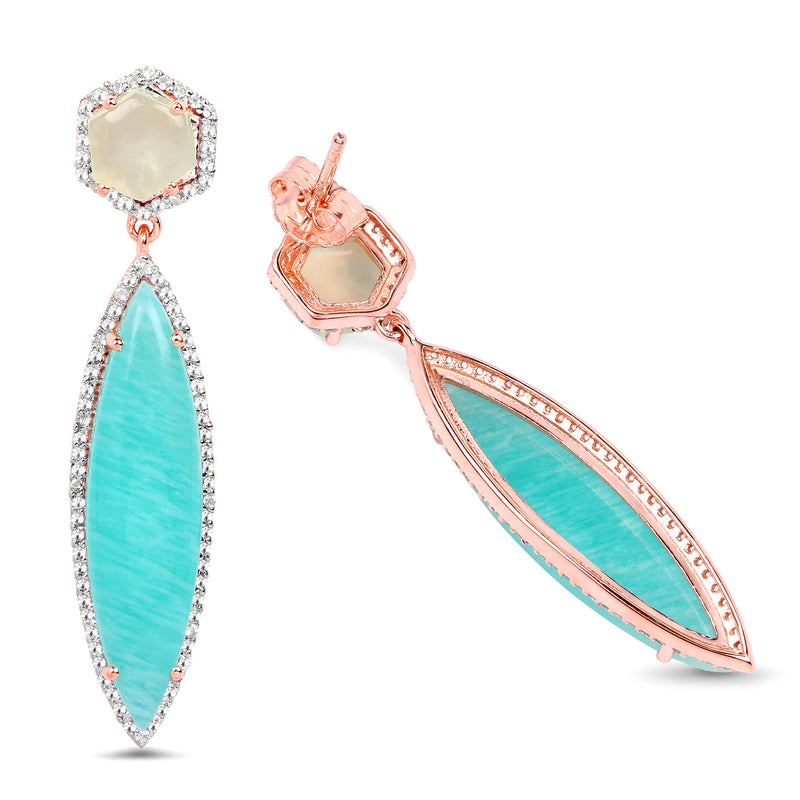 14K Rose Gold Plated 17.14 Carat Genuine Amazonite, Prehnite And White Topaz .925 Sterling Silver Earrings