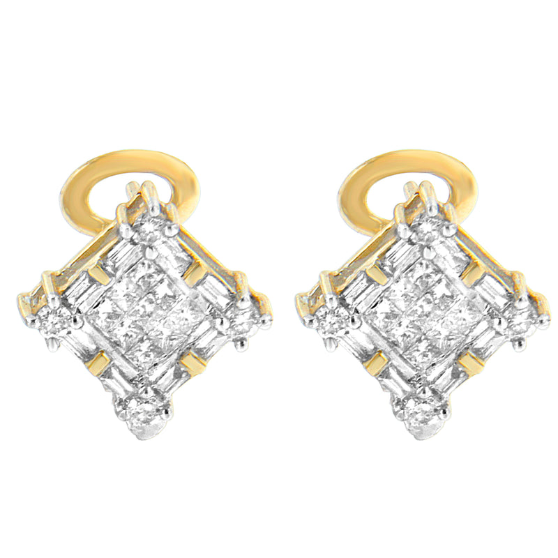 14K Yellow Gold 1 cttw Round Baguette and Princess Cut Diamond Earrings (H-I SI1-SI2)