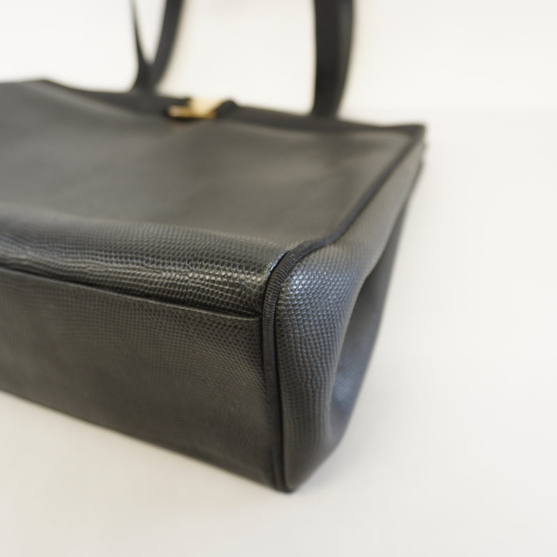 Auth Salvatore Ferragamo Tote Bag Embossed Leather Black Gold Metal