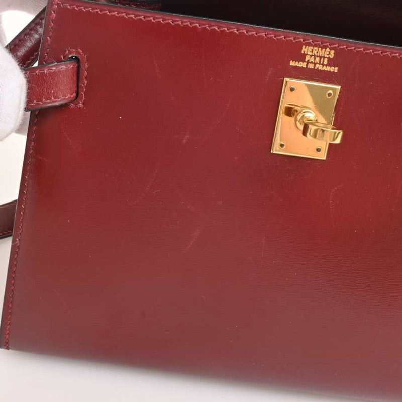 Hermes Kelly Womens Box Calf Leather Shoulder Bag Bordeaux