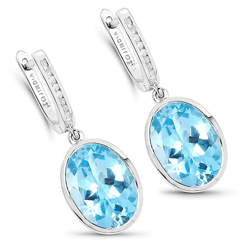 15.13 Carat Genuine Blue Topaz and White Diamond .925 Sterling Silver Earrings