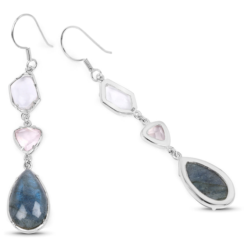 25.74 Carat Genuine Labradorite, Crystal Quartz and Rose Quartz .925 Sterling Silver Earrings