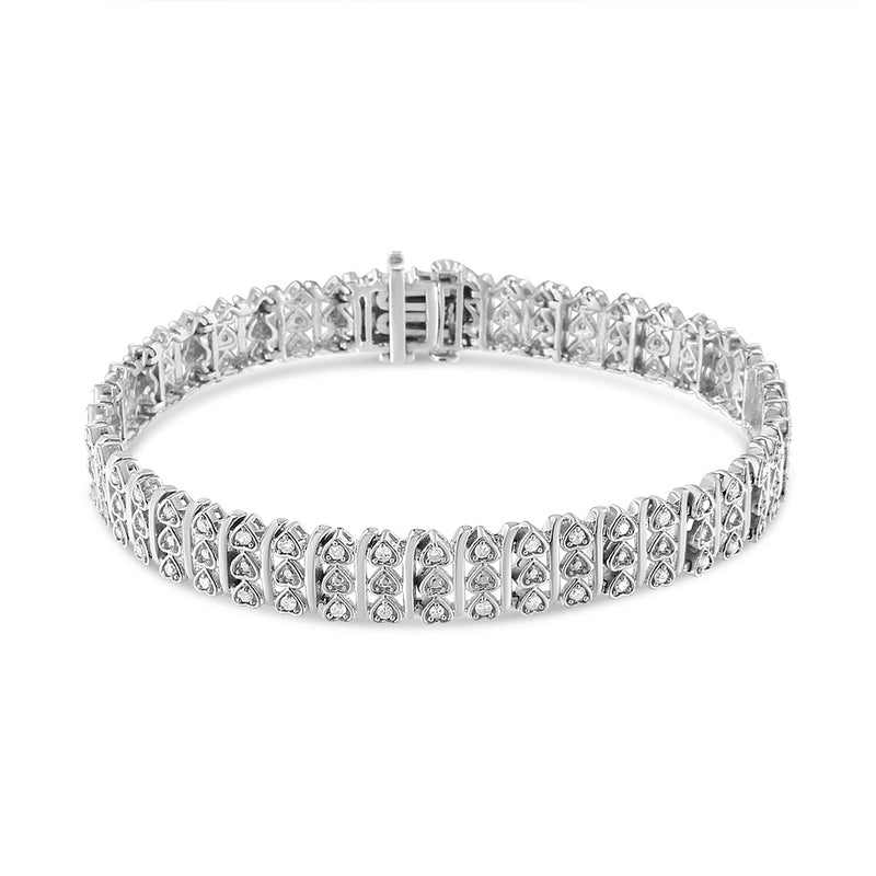 .925 Sterling Silver 1.00 Cttw Diamond Multi Row Heart Link Bracelet (H-I Color, I1-I2 Clarity) - 7.25" Inches